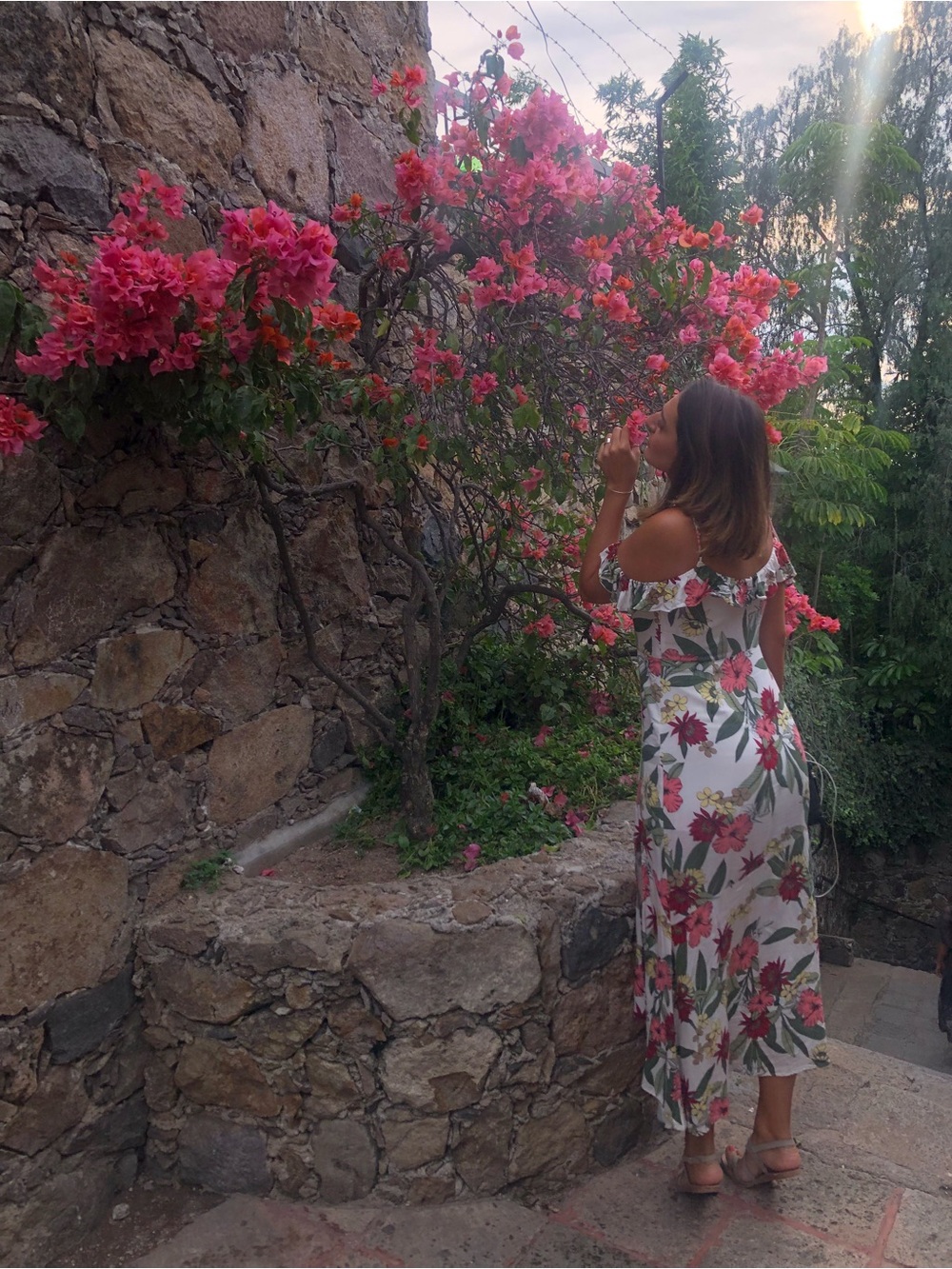 Lush White Maxi Dress with Red & Green Tropical Print